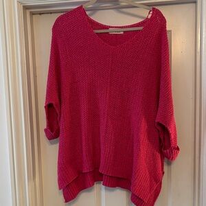 Relaxed V-Neck Oversized Knit Sweater in Fuchsia